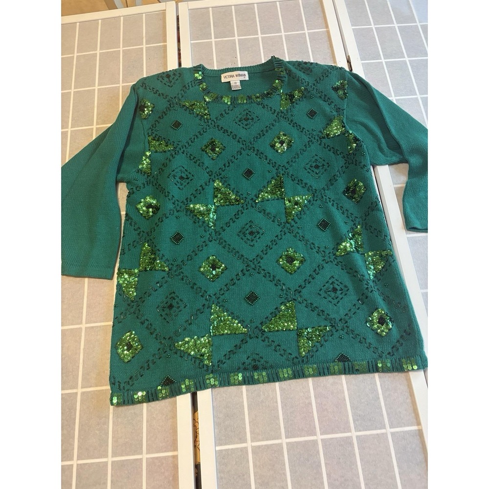 Vintage Green Sequin Geometric Sweater - Versona